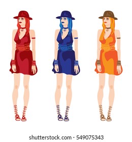 Beautiful fashionable young woman. Flat style vector illustration. 3 different color schemes.