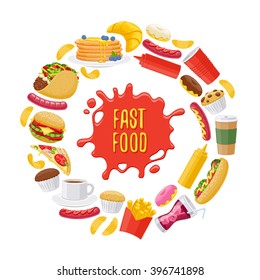Beautiful  fast food icons round background. Cheeseburger pizza tea coffee cola chips pancakes donuts french fries hot dog taco muffin mustard ketchup vector illustration.