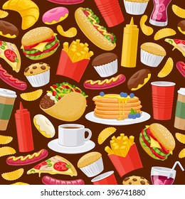Beautiful  fast food icons seamless background. Cheeseburger pizza tea coffee cola chips pancakes donuts french fries hot dog taco muffin mustard ketchup vector illustration pattern.