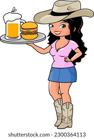 A beautiful fast food restaurant employee with a cowboy hat holding a tray with hamburger and a glass of beer. Vector blank banner.