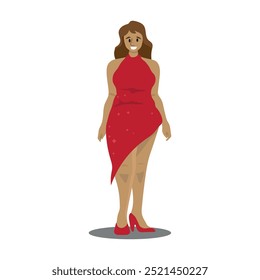 beautiful fat woman wearing a beautiful elegant red dress, body positive concept. vector illustration.