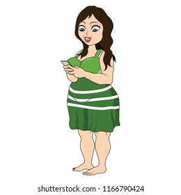 Beautiful fat young lady using smartphone mobile phone technology messaging excited happy standing wearing a green gown dress