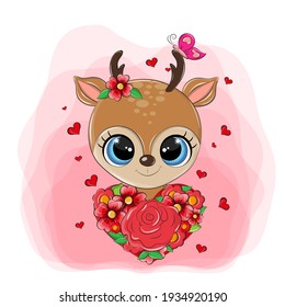 A beautiful fawn with a cute smile and a beautiful gift heart. A funny animal is preparing a gift for the spring holiday, a cute deer is made in a cartoon style.