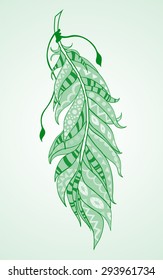 Beautiful a feather in ethnic patterns in green tone