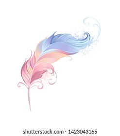 Beautiful feather painted in pink and blue pastel colors on white background.