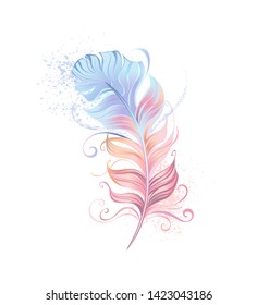 Beautiful feather painted in pink and blue pastel colors on white background.