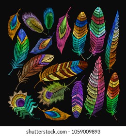 Beautiful feathers of tropical birds classic embroidery. Color feathers collection fashionable template for design of clothes, t-shirt design 