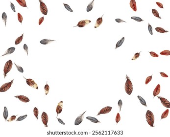 Beautiful feathers in various shades of red, brown, and blue scattered on a white background. Perfect for nature themed designs, boho decor, and artistic projects.