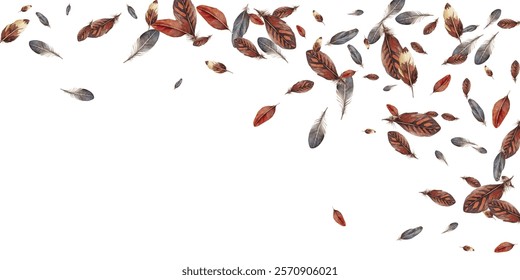 Beautiful feathers in various shades of red, brown, and blue scattered on a white background. Perfect for nature themed designs, boho decor, and artistic projects.