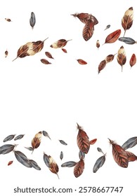 Beautiful feathers in various shades of red, brown, and blue scattered on a white background. Perfect for nature themed designs, boho decor, and artistic projects.