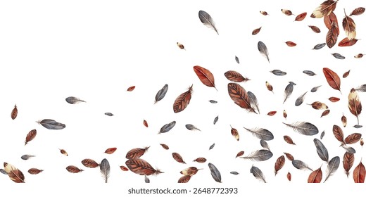 Beautiful feathers in various shades of red, brown, and blue scattered on a white background. Perfect for nature themed designs, boho decor, and artistic projects.