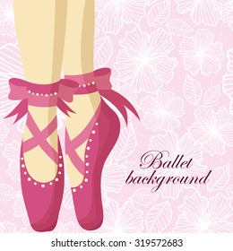 Beautiful feet of a ballerina in pointe shoes on a pink background with patterns