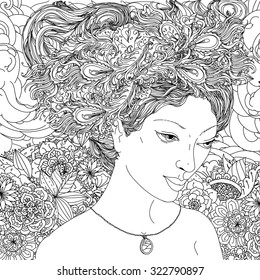 Beautiful female or androgyne face with abstract hair  with Peacock feathers in the image of a elfin and floral design elements could be used  for coloring book.  Black and white in zentangle style.