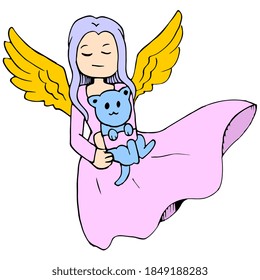 a beautiful female angel carrying a teddy bear. cartoon illustration sticker mascot emoticon