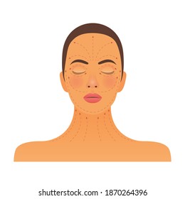 Beautiful Female with Arrows on Her Face. Modern Flat Vector Illustration. Female Portrait with Massage Scheme. Website Template. Social Media Concept.