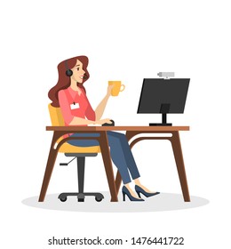 Beautiful female assistant sitting at the desk with headphone. Idea of help and support. Hotline, client service. Isolated vector illustration in cartoon style