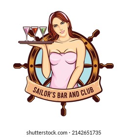 eine schöne weibliche Barmaid-Maskottabildkarikatur mit Bootsruder, Logo-Design, Vektorgrafik-Inspiration