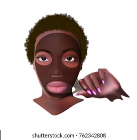 Beautiful female black models face. African woman with purifying black mask on her face isolated on white background. Vector, 3d illustration