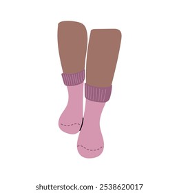 Beautiful female black skin legs in pink socks on white background. Hand drawn vector illustration in flat style. Textile, clothes brand, children, woman legs, winter season, christmas clothes