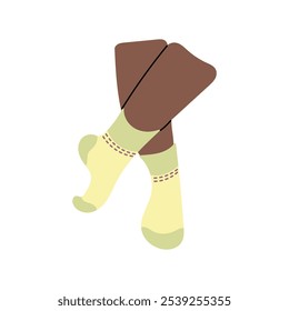 Beautiful female black skin legs in yellow and green socks on white background. Hand drawn vector illustration in flat style. Textile, clothes brand, children, woman legs, everyday clothes, diversity.
