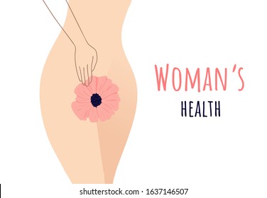 Beautiful Female Body And Women's Hygiene Or Reproductive System Concept. Flower. Menopause, Urinary Incontinence, Care For Women's Sexual Health. Maternity And Pregnancy Sign. Vector Illustration.