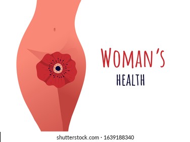 Beautiful Female Body And Women's Hygiene Or Reproductive System Concept. Flower. Menopause, Urinary Incontinence, Care For Women's Sexual Health. Maternity And Pregnancy Sign. Vector Illustration.