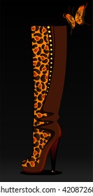 beautiful female boots on a high heel on a bright background for a design with butterfly