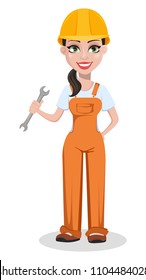 Beautiful female builder in uniform, cartoon character. Professional construction worker. Smiling repairer woman holding wrench. Vector illustration on white background