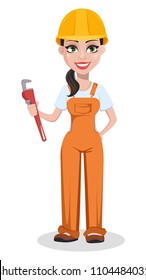 Beautiful female builder in uniform, cartoon character. Professional construction worker. Smiling repairer woman holding adjustable wrench. Vector illustration on white background