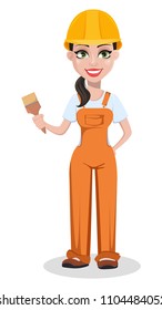 Beautiful female builder in uniform, cartoon character. Professional construction worker. Smiling repairer woman holding paint brush. Vector illustration on white background