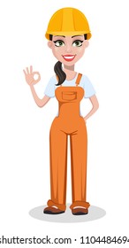 Beautiful female builder in uniform, cartoon character. Professional construction worker. Smiling repairer woman showing ok sign. Vector illustration on white background