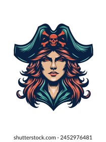 Beautiful female captain pirate with bandana and crossed skull hat, vintage retro color, mascot, t shirt, logo, emblem artwork hand drawn illustration