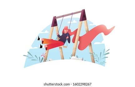 A beautiful female cartoon character with long bright hair is swinging on a swing. Isolated illustration in flat design style.