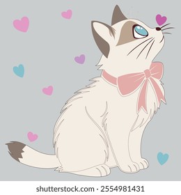 Beautiful female cat with a small smile, big blue eyes, cream fur, light pink bow. and many colored hearts surround it white background.Vector Background pattern.
