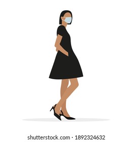 Beautiful female character in a black dress, shoes and a medical mask stands on a white background