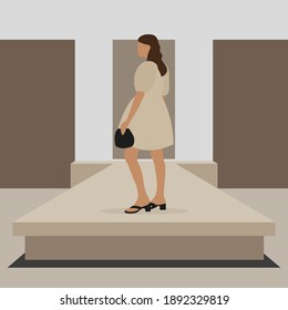 A beautiful female character in a dress and with a handbag in hand stands on the podium