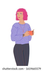 A beautiful female character with pink hair holding a glass cup of coffee. Girl drinking green tea, matcha tea. Flat vector illustration isolated on white background.