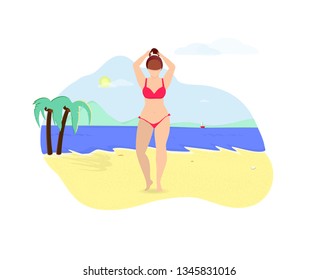 Beautiful Female Character in Red Bikini Stand on Summer Beach Background and Posing. Body Positive, Love to Own Figure, Girl Power. Woman Smarten Up Touch Hair. Cartoon Flat Vector Illustration Icon