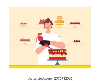 Beautiful female chef decorating birthday cake with whipped cream, bakery shop and sweet food. Character design. Vector flat illustration