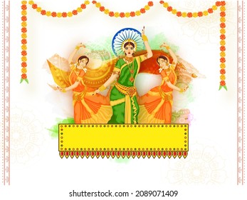 Bellas Danzas Clásicas Femeninas En Diferentes Poses Con Marco Rectángulo Vacío, Garland Floral, Rueda Ashoka Sobre Saffron Y Pincel Verde Efecto Mandala Fondo.