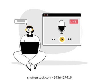 Beautiful female content creator doing live streaming, black and white style. Character design. Vector flat illustration