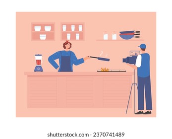 A beautiful female content creator with a red headband and blue apron is stir-frying food, streaming cooking videos on social media. Character design. Vector flat illustration