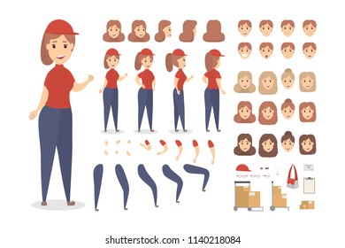 Beautiful female courier character set for animation with various views, hairstyles, emotions, poses and gestures. Different equipment such as bag, boxes and clipboard. Isolated vector illustration