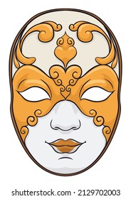 Beautiful female design for an elegant Volto -or larva- mask with golden decorations, ready for the Venice's carnival. Design isolated in cartoon style.