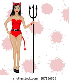 beautiful female devil with horns, tail and pitchfork on the background stains and splashes