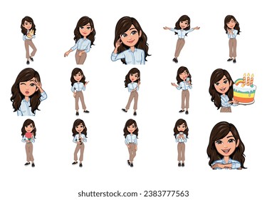 Beautiful female with different facial expressions set. Vector illustration isolated on white.