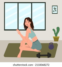 Beautiful female exercising  at home.