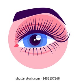 Beautiful female eye with long eyelashes. Lash extension result concept. Idea of fashion and glamour. Isolated vector illustration in cartoon style