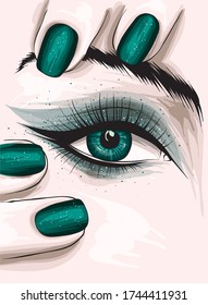 Beautiful female eye with long eyelashes and fingers with nails. Makeup and manicure. Fashion and style, clothes and accessories. Vector illustration.