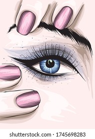 Beautiful female eye with long eyelashes and fingers with nails. Makeup and manicure. Fashion and style, clothes and accessories. Vector illustration.